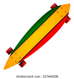 Vector illustration of three color longboard. Leaf form wooden longboard with red, yellow and green stripes and red wheels. Single isolated vector illustration on white background.