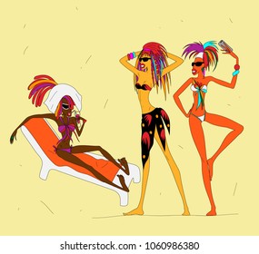 Vector illustration of three colored cartoon thin young girl on summer sunbathing on yellow background isolate