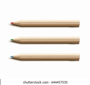 Vector illustration of three colored sharpened detailed wooden pencils isolated on white background