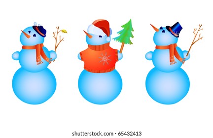 Vector illustration of three colored snowmen