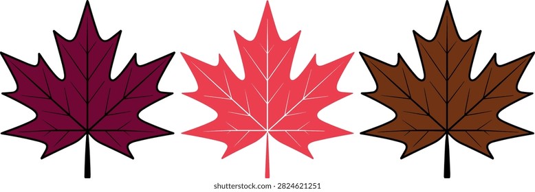 Vector illustration of three colorful autumn maple leaves in dark red, pink, and brown tones for seasonal design and nature-themed projects.