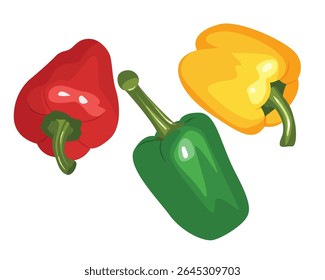 Vector illustration of three colorful bell peppers - red, yellow, and green. Simple yet vivid drawing in flat style. Perfect for cooking, food-related design, vegetarian or healthy eating concepts.