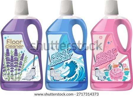 Vector illustration of three colorful floor cleaner bottles with lavender, ocean, and rose label designs