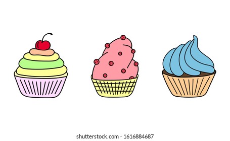 Vector illustration with three colorful hand drawn desserts, cupcakes, muffins