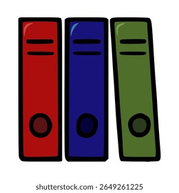 Vector illustration of three colorful office binders with a minimalist hand-drawn style, featuring red, blue, and green binders with distinct circular details.