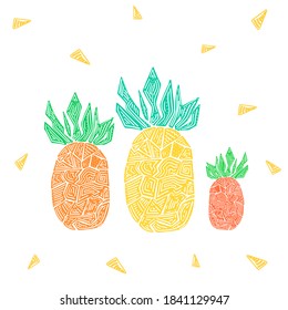 Ilustración vectorial de tres coloridas frutas de piña.