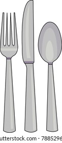 Vector illustration of three common utensils: Spoon, fork and knife