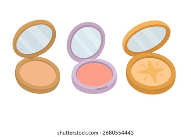 Ilustración vectorial de tres polvos cosméticos compactos con espejos en estilo colorido de dibujos animados.