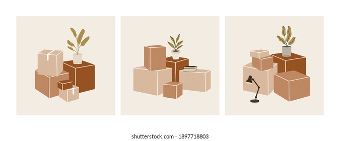 Vector illustration of three compositions cardboard boxes with home flowers, lamp and books. Concept of moving to a new house, moving day. Hand-drawn sets isolated on white background.