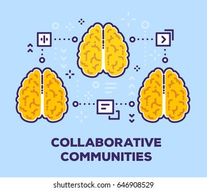 Vector illustration of three connection brains with icons. Collaborative community concept with text on blue background. Thin line art design of brain for web, site, banner, business presentation