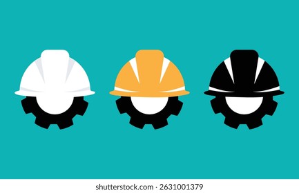 Vector illustration of three construction hard hats in white, yellow, and black colors with gear icons, representing safety, engineering, and industry. Ideal for construction or industrial themes.