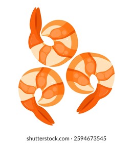 A vector illustration of three cooked shrimp, featuring a stylized design with orange and cream colors. Perfect for seafood related designs and culinary illustrations.