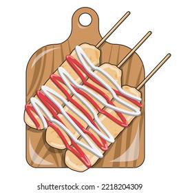 vector illustration of three corn dog skewers on a wooden cutting board, complete with sauce and mayonnaise