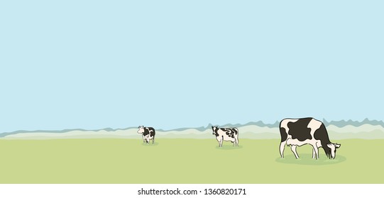 vector illustration three cows graze in the meadow. rural landscape