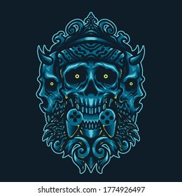 Vector illustration of Three Creepy Skull with a Smile, horn, bandana and grab gaming pad on the Blue Background. Hand-drawn illustration for mascot sport logo poster t-shirt printing. Vector Logo