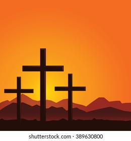 Vector illustration of three cross on a hill at sunset background