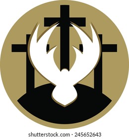 A vector illustration of three crosses on a gold circle background, with a white dove in the foreground representing the crucifixion and resurrection of Christ.