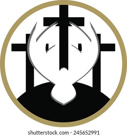 A vector illustration of three crosses on a white and gold circle background, with a white dove in the foreground, representing the crucifixion and resurrection of Christ.