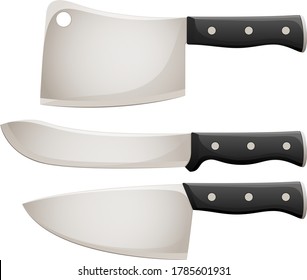 Vector illustration of three culinary knives: a meat cleaver, a butcher knife, and a chef's knife.