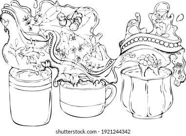 vector illustration three cups with a joyful spring drink,rowan berries,flowers,leaves,pattern,line,black ,liner drawing,doddle