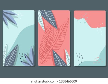 vector illustration - three cute backgrounds for instagram stories, advertising flyers and greeting cards with tropical leaves, abstract shapes and dots in blue and pink colors