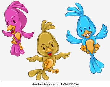 Vector illustration of Three cute birds flying cheerfully Have different colors