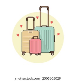 Vector Illustration of three Cute Cartoon Suitcases with Little Hearts around, Summer, Vacation, Tourism. Colorful Travel Suitcases for Family.