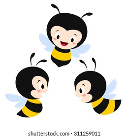Vector illustration of three cute cartoon bees
