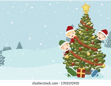 A vector illustration of three cute Christmas elves peeking out from behind a decorated holiday tree with presents in a snowy winter landscape