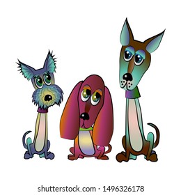 Vector illustration of three cute doggies on a white background. Isolated image of cartoon dogs.