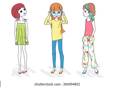 Vector illustration of the three cute fashion girls