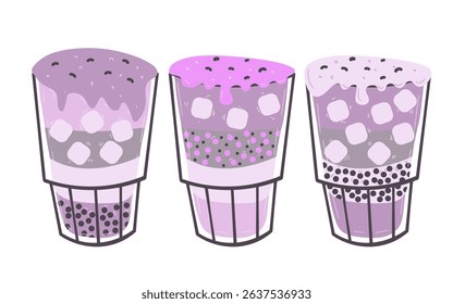 Vector illustration of three cute purple bubble tea drinks with tapioca pearls, ice cubes and decorated straws with bows. Modern kawaii style, flat design, isolated on white background. 