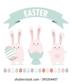 Vector illustration of the three cute white rabbits isolated on the white background.
Easter greeting card with big decorative ribbon and a row of the Easter eggs on the bottom of the image.