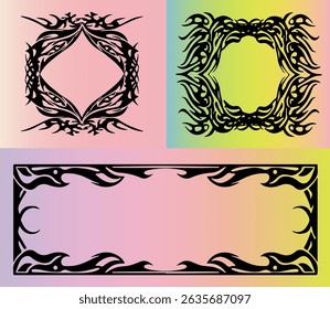 Vector illustration with three cyber sigilism and neo tribal black motifs on pastel gradients. Features bold, futuristic lines and sharp details, echoing top Y2K and cyber-aesthetic trends.