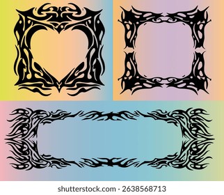 Vector illustration with three cyber sigilism and neo tribal black motifs on pastel gradients. Features bold, futuristic lines and sharp details, echoing top Y2K and cyber-aesthetic trends.