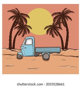 Vektorgrafik von drei Fahrradwagen vor Sonnenuntergang und Palmen Silhouette für Strandurlaub, Abenteuer Logo Design Vorlage. Verwendung für Bekleidungsdesign, Handelsartikel, Aufkleber, Abzeichen oder Logo