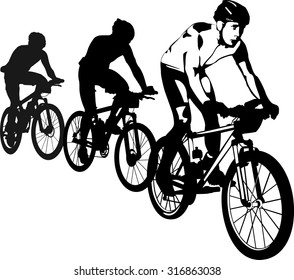 vector illustration of three cyclist on white background