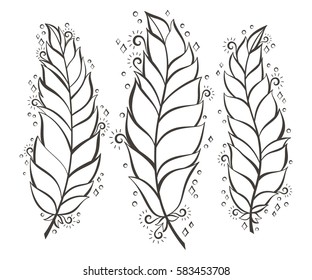 Vector illustration: three decorative bird feather silhouettes isolated on white background.