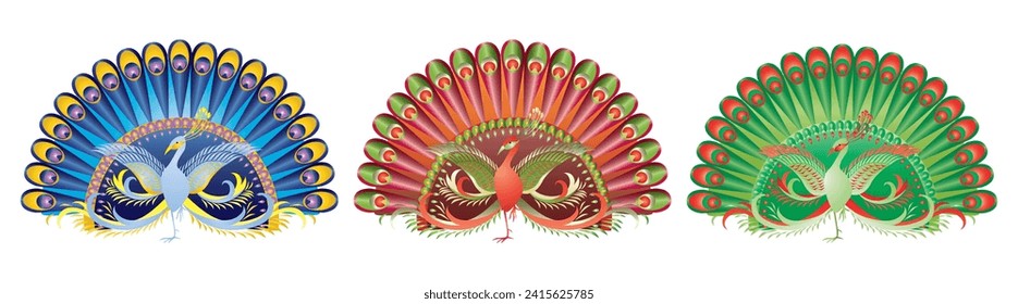 Vector illustration of three decorative colorful peacocks with opened wings and tails isolated on white