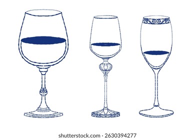 Vector illustration of three decorative wine glasses in different shapes and styles. Blue outline drawing perfect for wine branding, packaging, invitations, or elegant event decor.