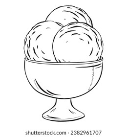 vector illustration of three delectable ice cream scoops in a metal dish. A sweet dessert for cafes and restaurants, ideal for menu designs. A treat for everyone to savor