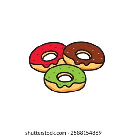 "Vector illustration of three delicious donuts with strawberry, chocolate, and matcha flavors, vibrant colors, neat details, and a clean white background."