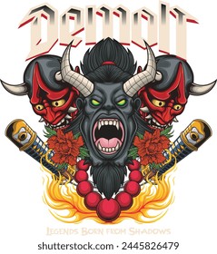 Vector Illustration of Three Demon Head, Katana Swords and Flowers with Vintage Illustration Available for Tshirt Design