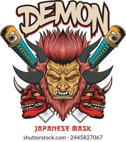 Vector Illustration of Three Demon Head and Katana Swords with Vintage Illustration Available for Tshirt Design