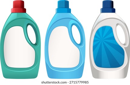 Ilustração vetorial de três garrafas de detergente, cores vibrantes, design limpo, isolado no fundo branco