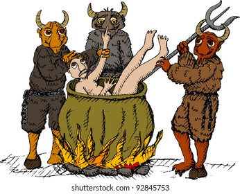 Vector illustration of three devils boiling the sinner