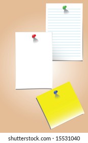 vector illustration of three different blank memos attached to a board with push pins