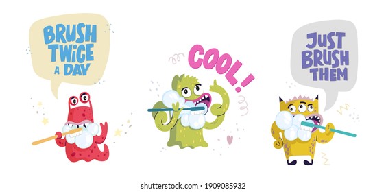 Vector illustration with three different cartoon style monsters enjoying brushing their teeth with motivational quotes