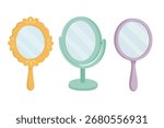 Vector illustration of three different cosmetic mirrors with decorative frames in flat cartoon doodle style.