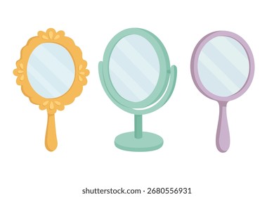 Ilustração vetorial de três espelhos cosméticos diferentes com quadros decorativos em estilo de desenho animado plano.